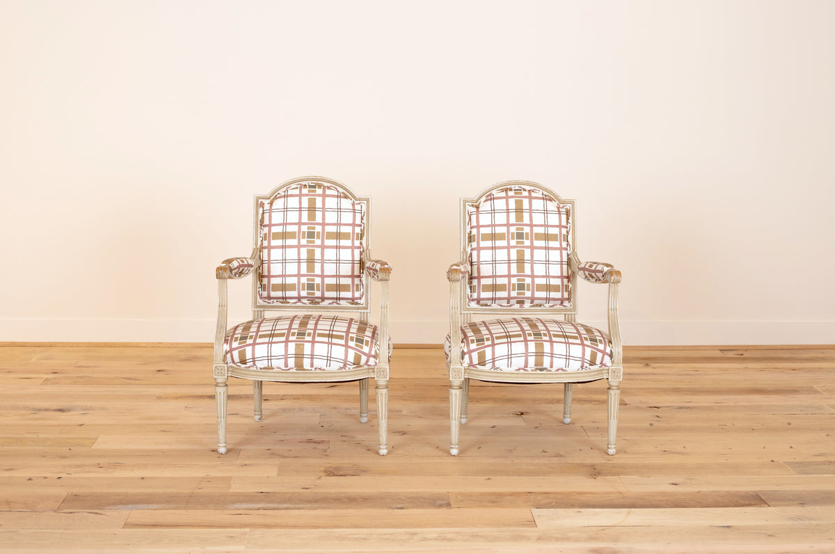 Pair of Louis XVI style armchairs in Erika M. Powell Hannah's Plaid, Fiesta