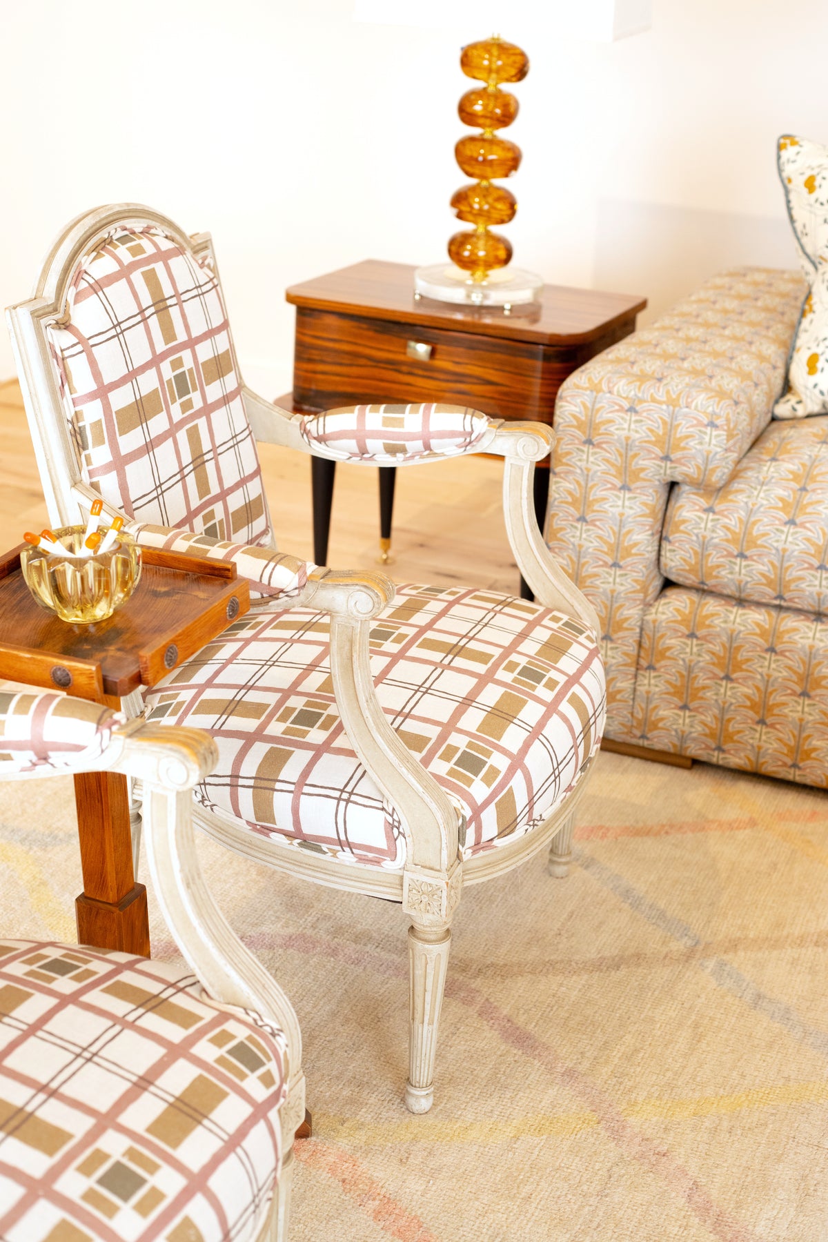 Pair of Louis XVI style armchairs in Erika M. Powell Hannah's Plaid, Fiesta, styled