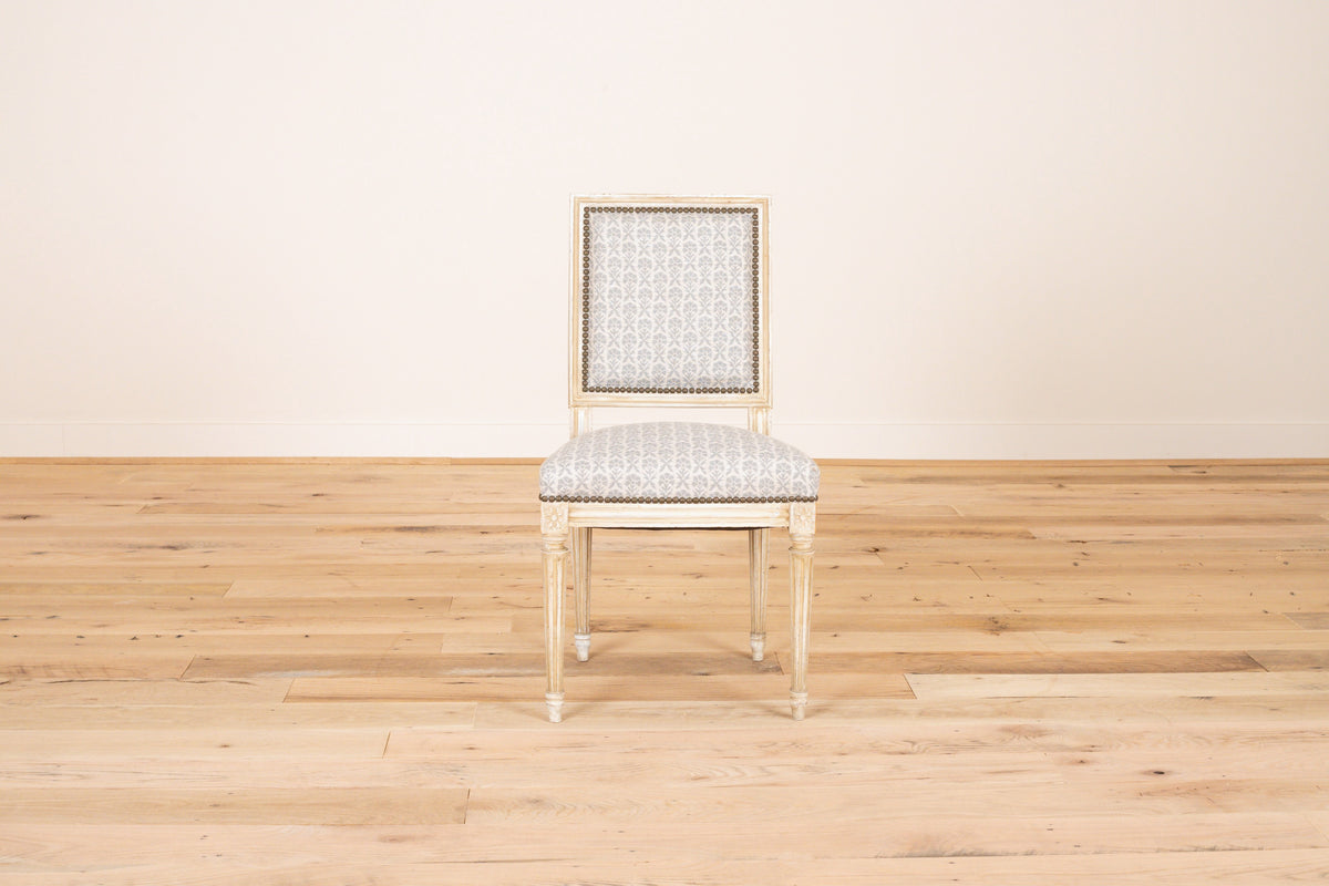 Louis XVI style chair in Marika Meyer Hollyhock, Light Blue on Oatmeal Linen, front