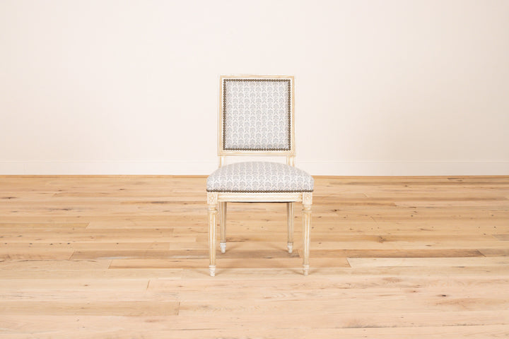 Louis XVI style chair in Marika Meyer Hollyhock, Light Blue on Oatmeal Linen, front