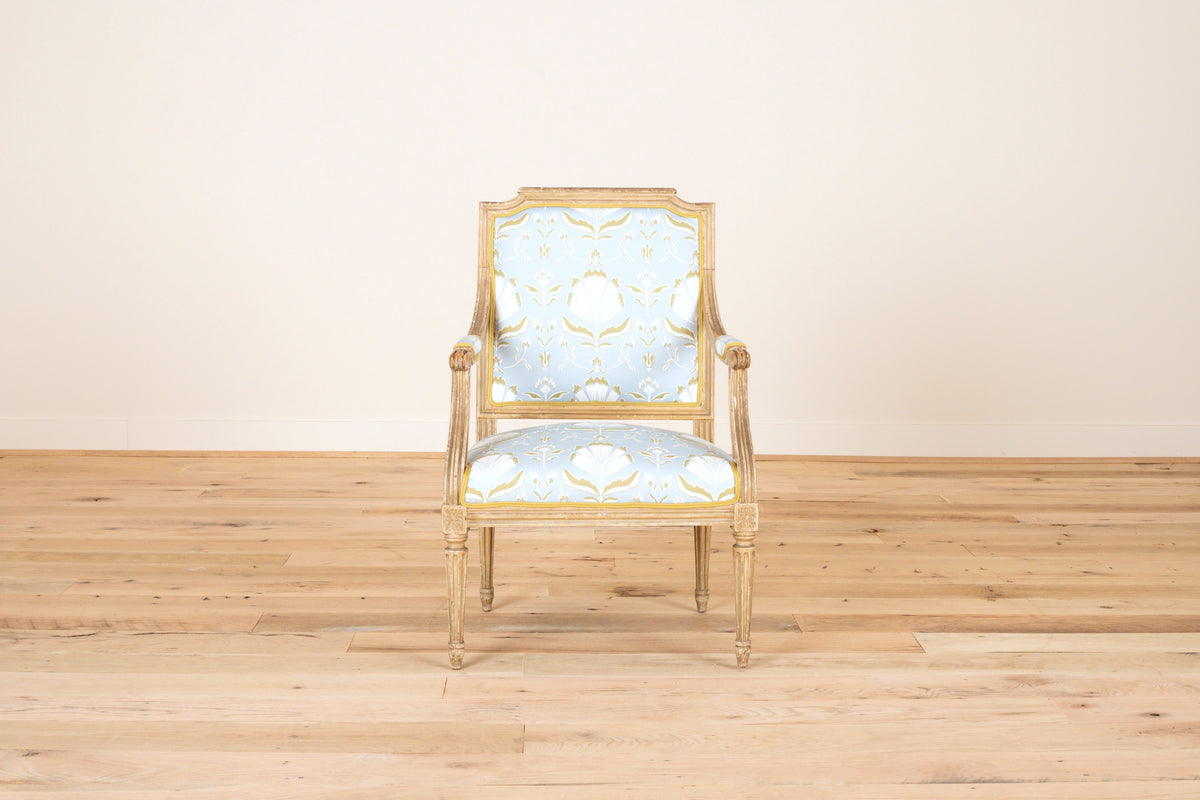 Pair of Louis XVI style fauteuils in Kristen Leigh Mili, Blue Back & Green, front