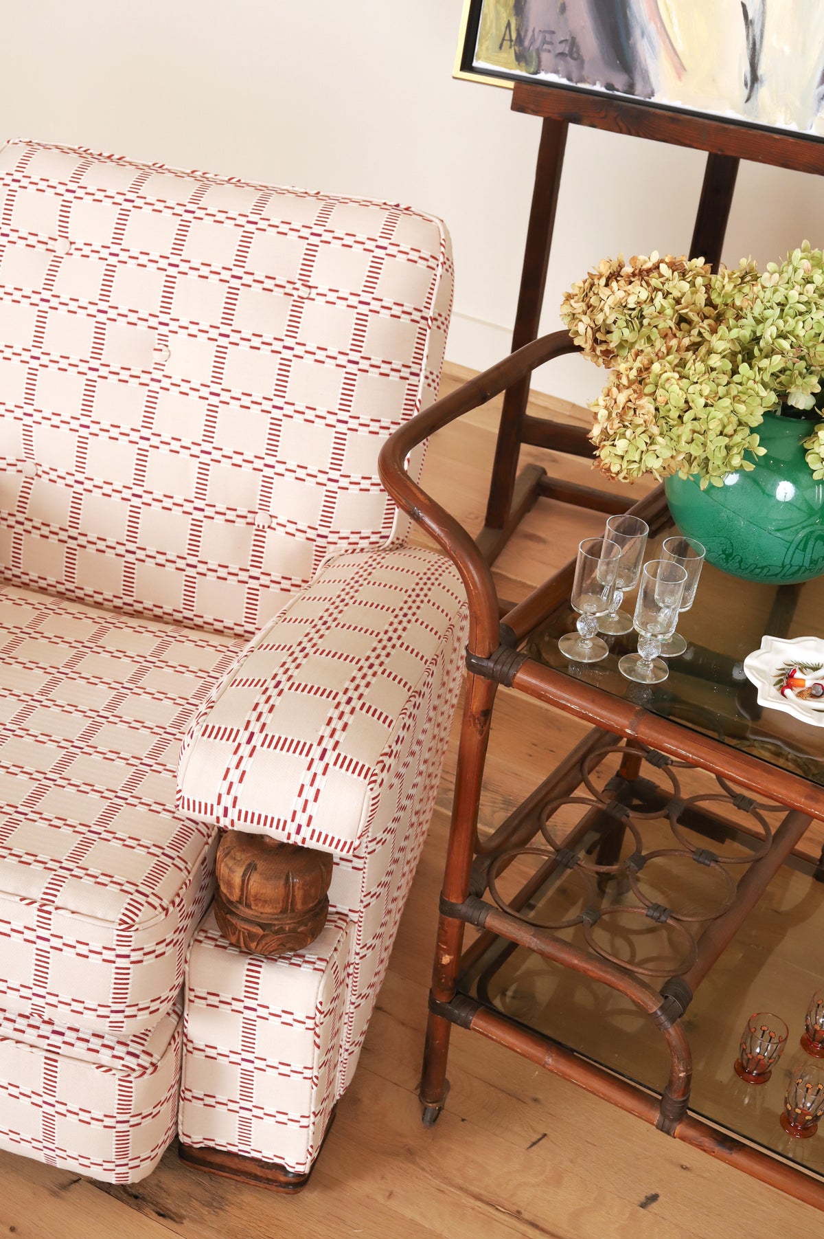 French club chair arm and carved detail in Mally Skok Nantucket
