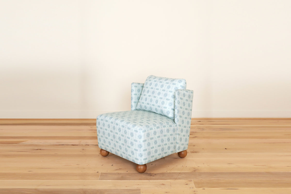 Montauk Chair in Three Fates Textiles Celestia, Aether, three-quarter view