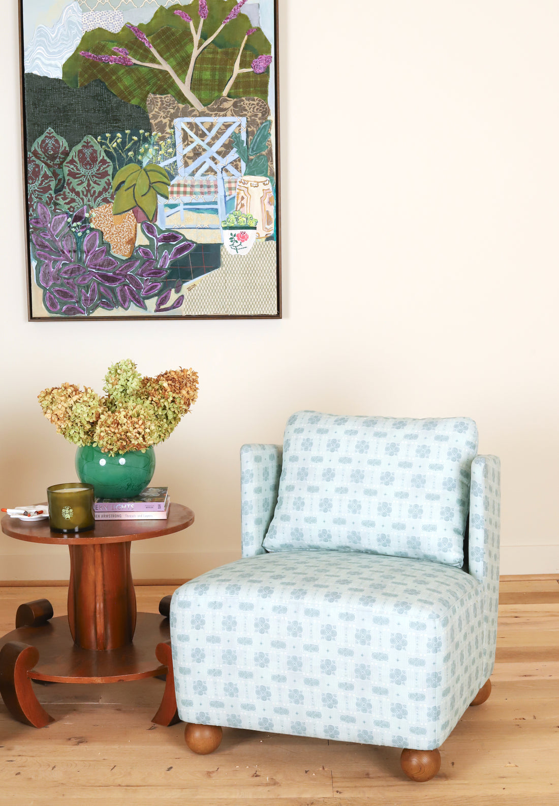 Montauk Chair in Three Fates Textiles Celestia, Aether, styled