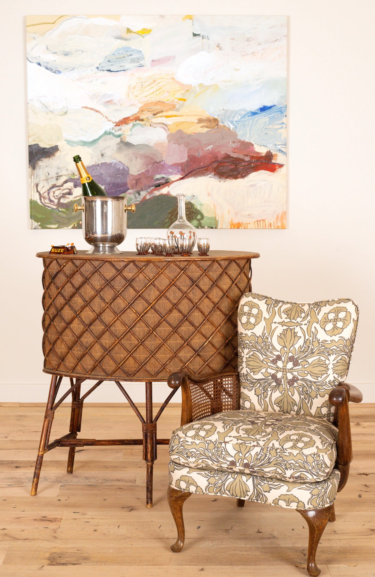 French sculptural armchair in Otea Vintage Scarf, side angle