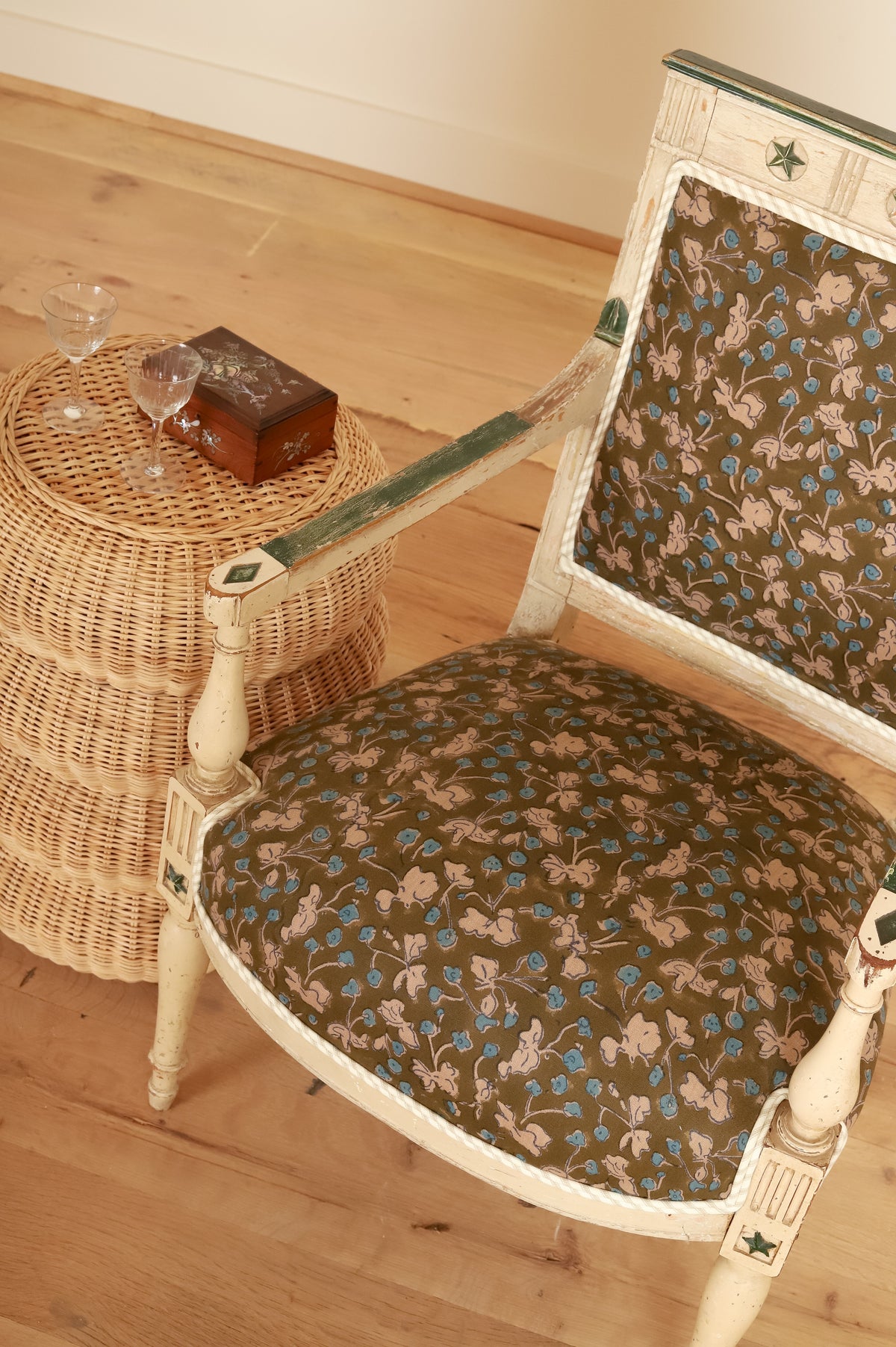 French painted armchair in Allem Studio, seat and arm detail