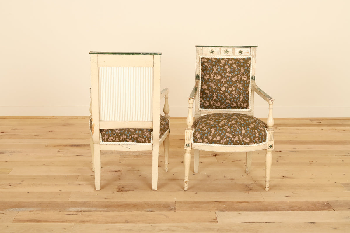 Pair of French painted armchairs in Allem Studio, back and front views