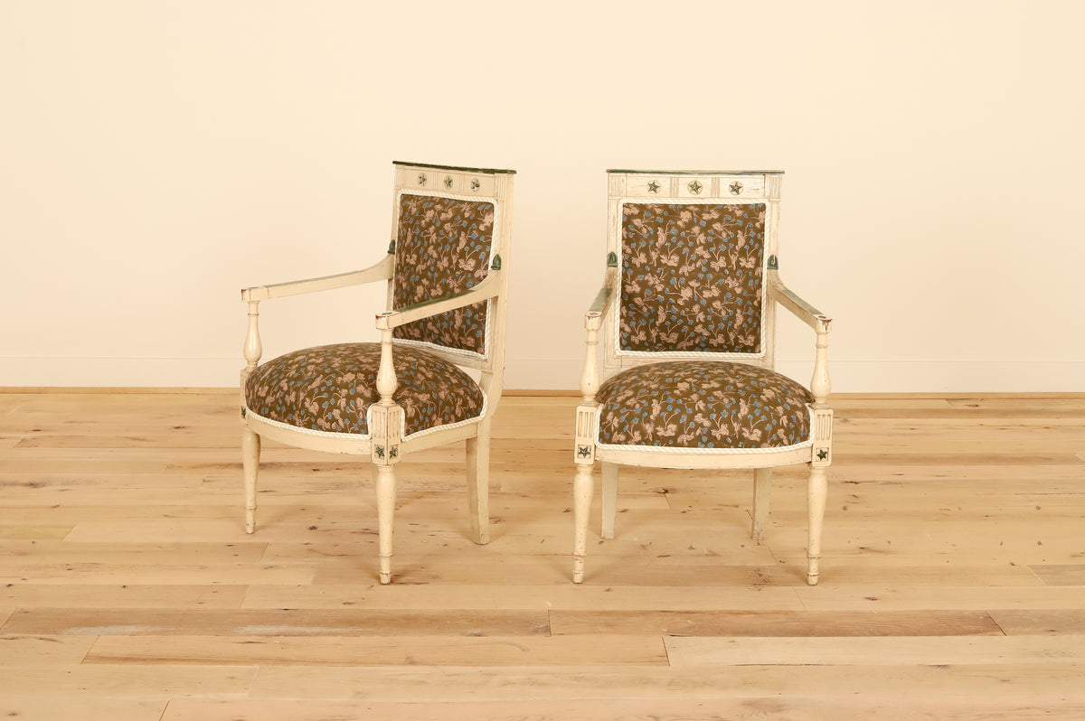 Pair of French painted armchairs in Allem Studio, three-quarter and front views