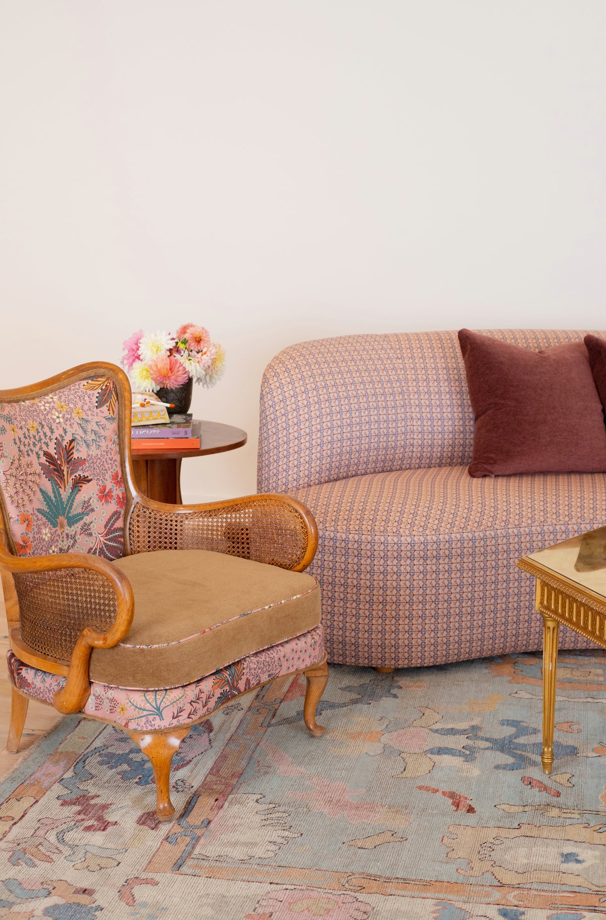 Sophia Sofa in Alex Conroy Textiles Folklore, Rose/Sky, styled