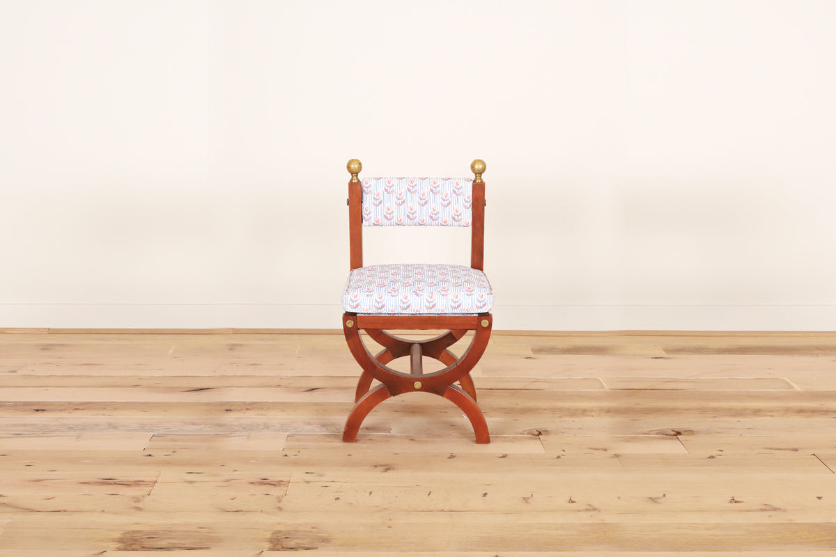Set of four Spanish Art Deco chairs with brass ball finials in Kate Medlicott Odette, front
