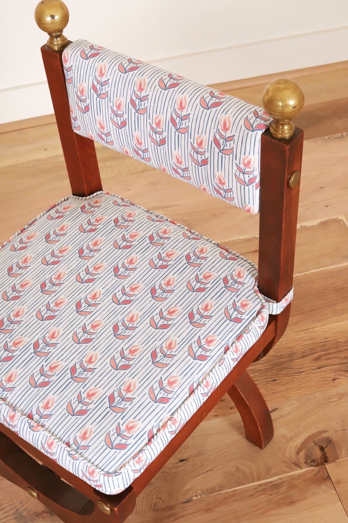 Set of four Spanish Art Deco chairs with brass ball finials in Kate Medlicott Odette, seat and fabric detail