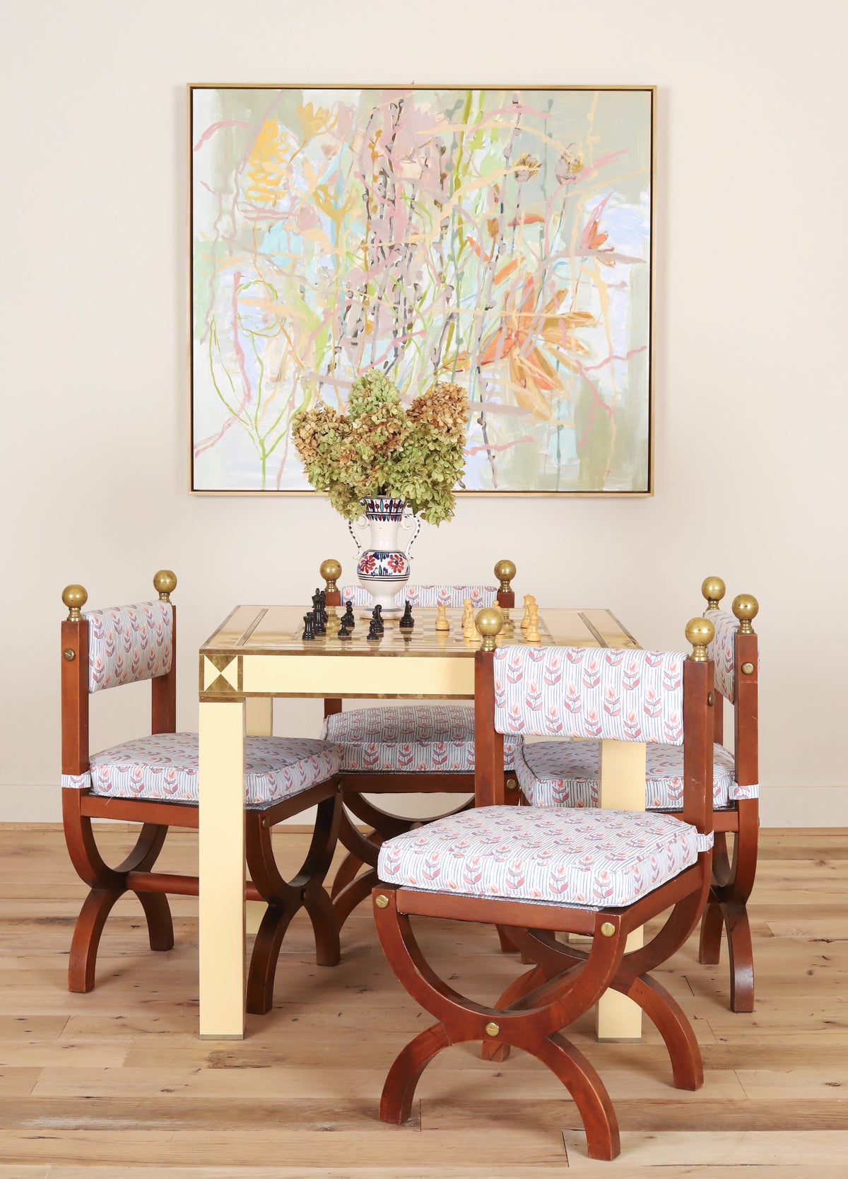 Set of four Spanish Art Deco chairs with brass ball finials in Kate Medlicott Odette, full set at the game table