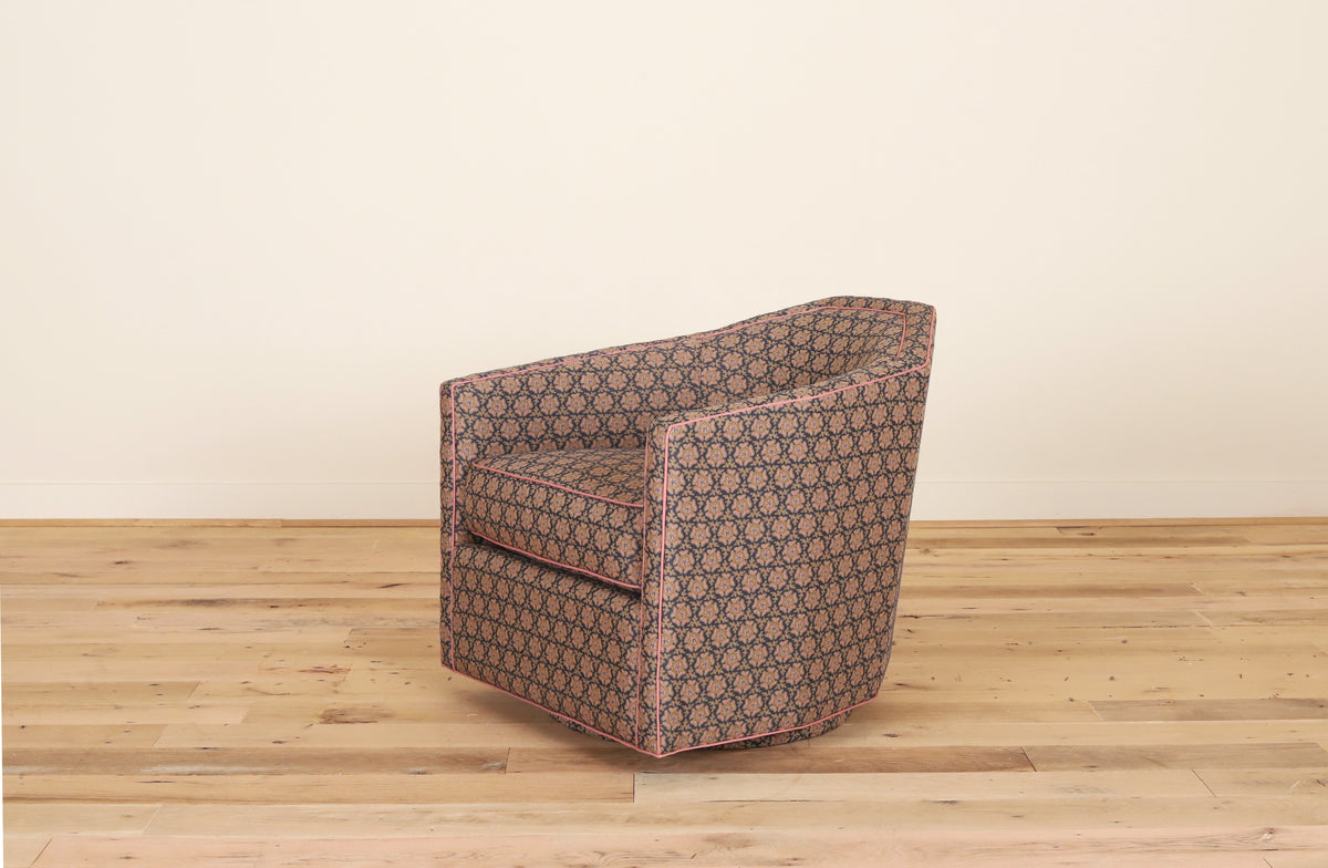Vera Swivel Chair in Serena Dugan Odessa, Zinc/Camel, three-quarter view