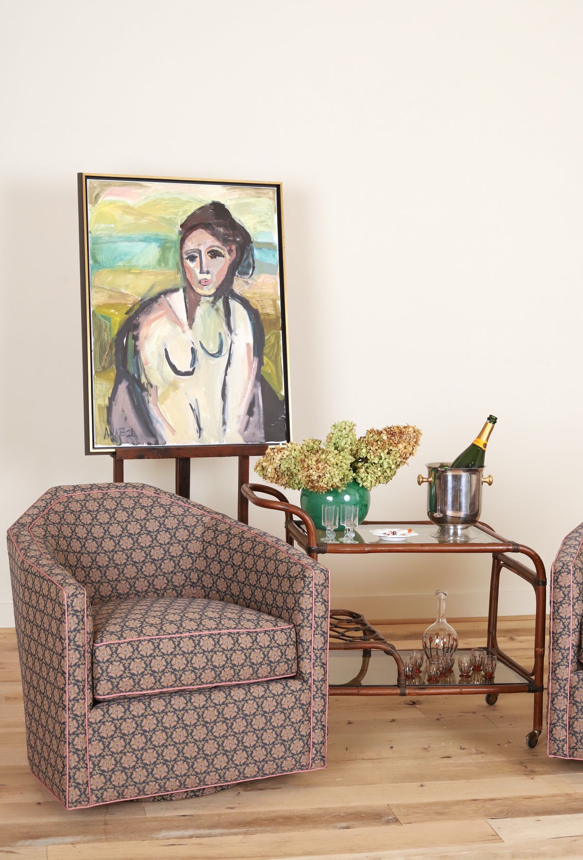 Vera Swivel Chair in Serena Dugan Odessa, Zinc/Camel, styled